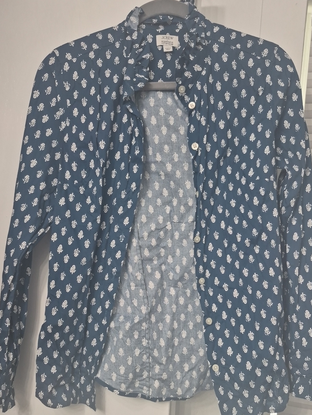J. Crew Navy Blue Button-Up Shirt with White Leaf Print